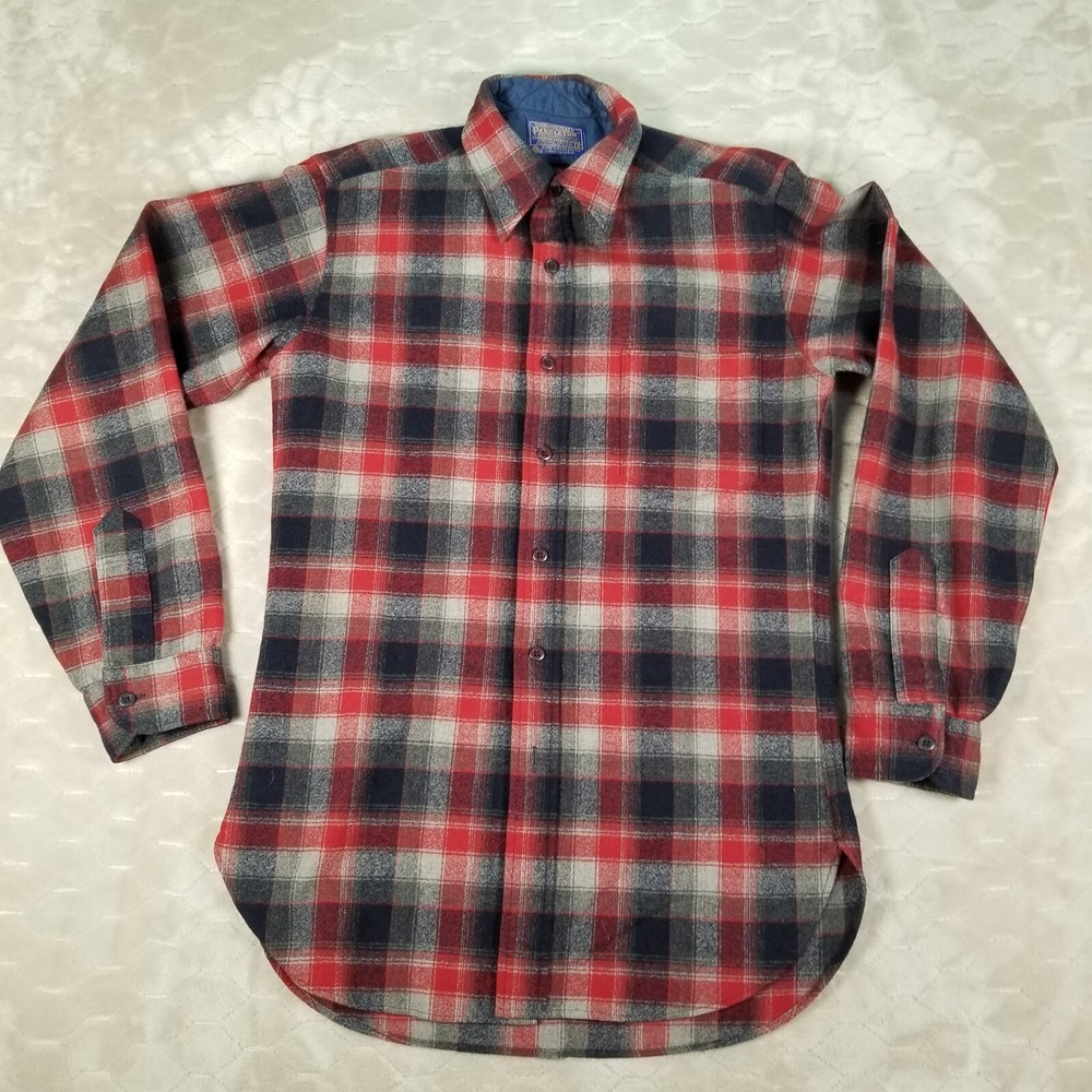 VTG Pendleton Wool Flannel Shirt Button Down Mens Small USA Made Tartan Red Gray